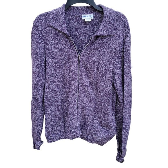 Blair Purple White Cotton Blend Full Zip Sweater Extra Long Sleeves SML? Medium - Picture 1 of 3